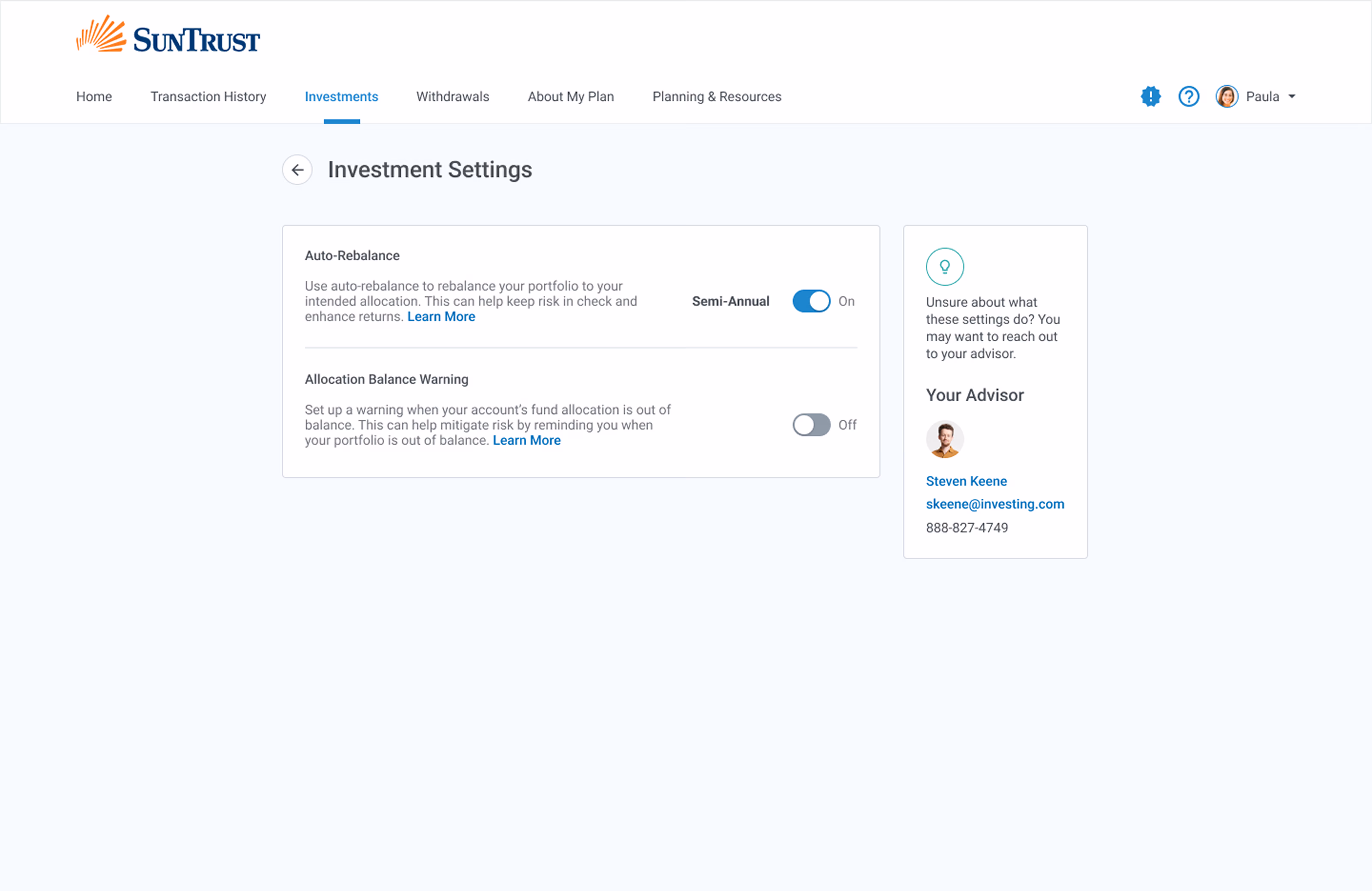 Redesigned investment settings with auto-rebalance and balance warnings